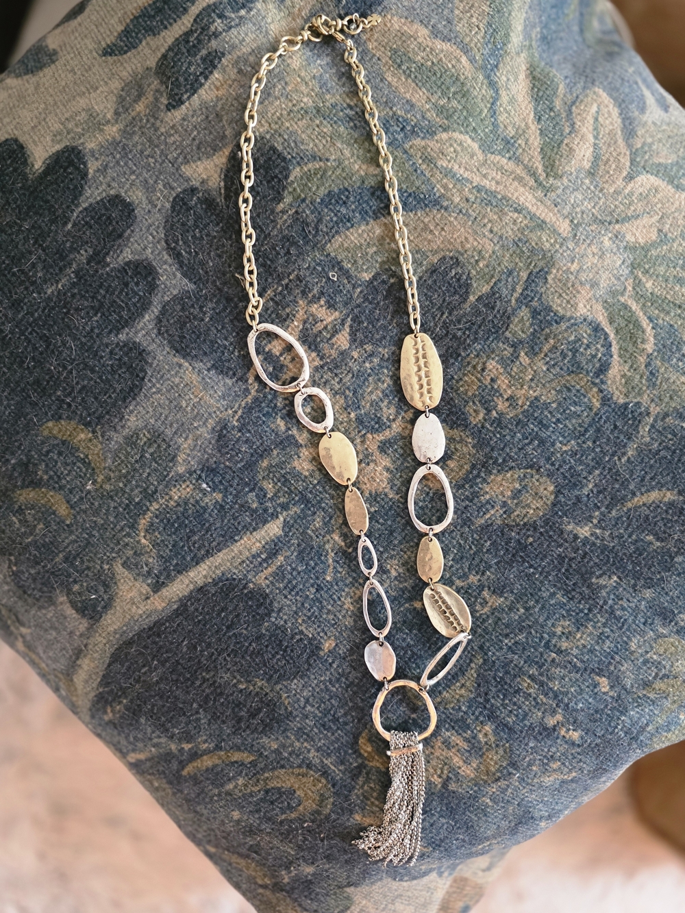 Lucky Brand Silver-Tone Oval Link Necklace with Tassel